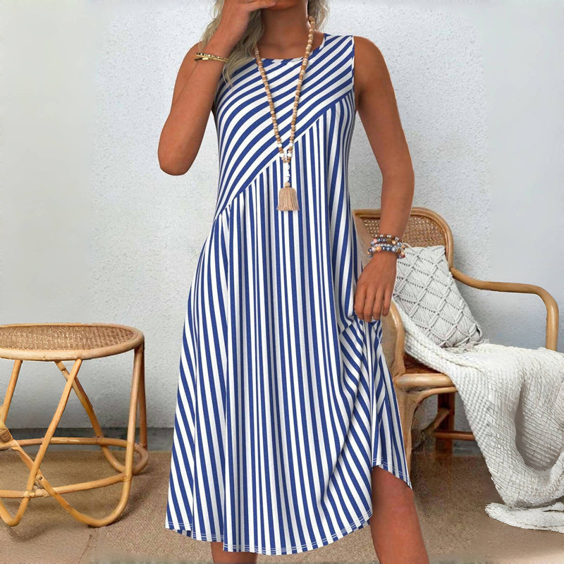 Blue and white striped sleeveless midi dress with square neckline and side slits