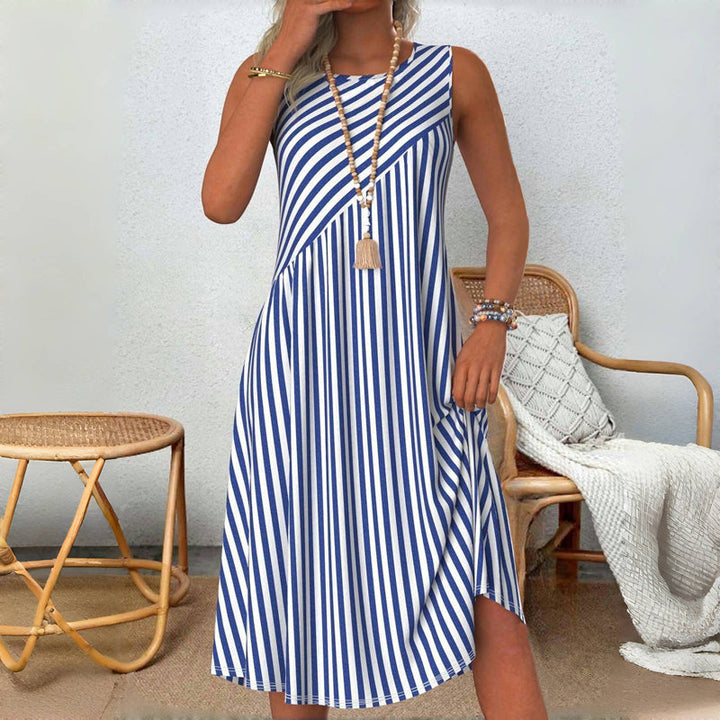 Blue and white striped sleeveless midi dress with square neckline and side slits