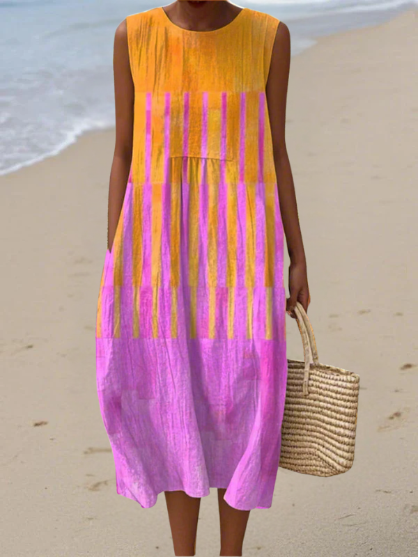 Sleeveless midi dress with vertical stripe print in yellow and purple