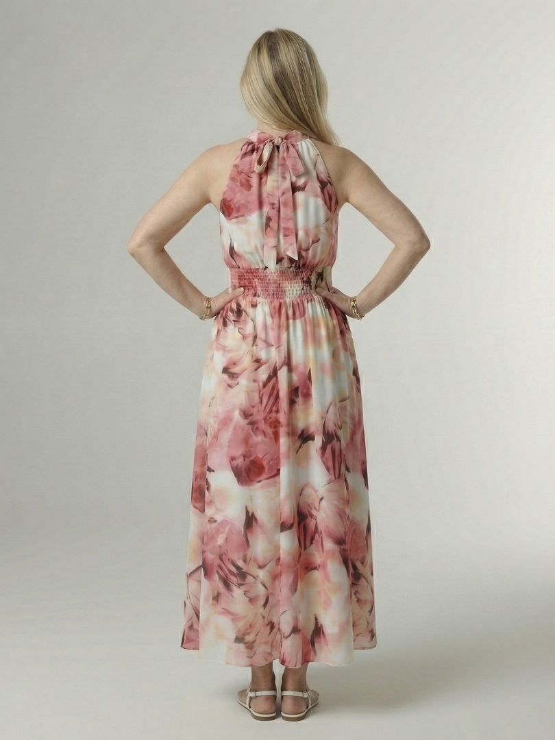 Gathered halter midi dress in pink abstract print with gathered back tie and smocked waist