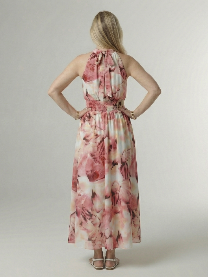 Gathered halter midi dress in pink abstract print with gathered back tie and smocked waist