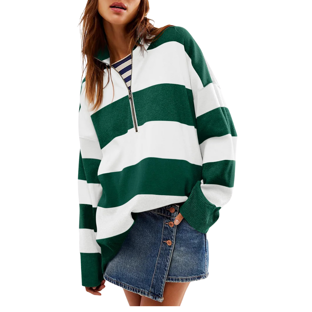 Long-sleeve pullover sweater with half-zip, green and white bold stripe pattern.