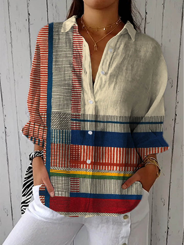 Multicolor striped button-up blouse with pointed collar and long sleeves