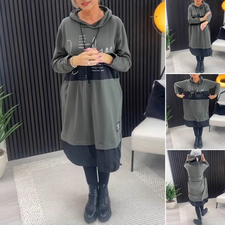Green casual hooded dress with long sleeves, front graphic panel and drawstring hood