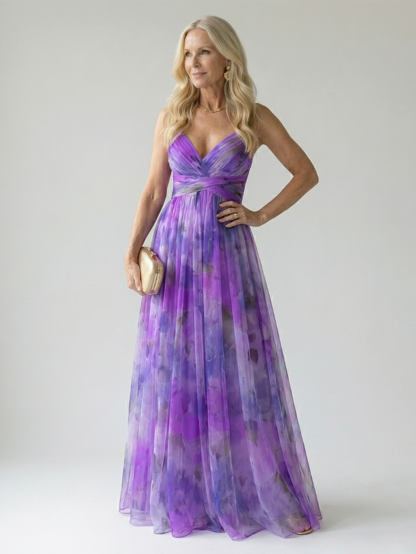 Maxi wrap dress, sleeveless V-neck, twist-front bodice, purple-toned watercolor print
