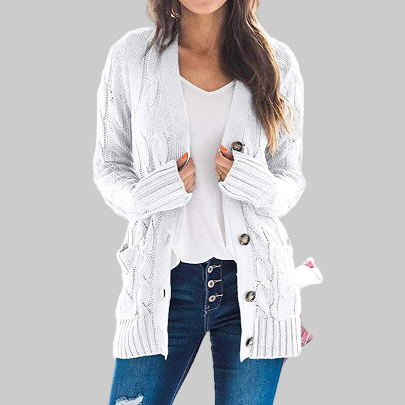 White long-sleeve button cardigan with textured knit and ribbed cuffs, open front