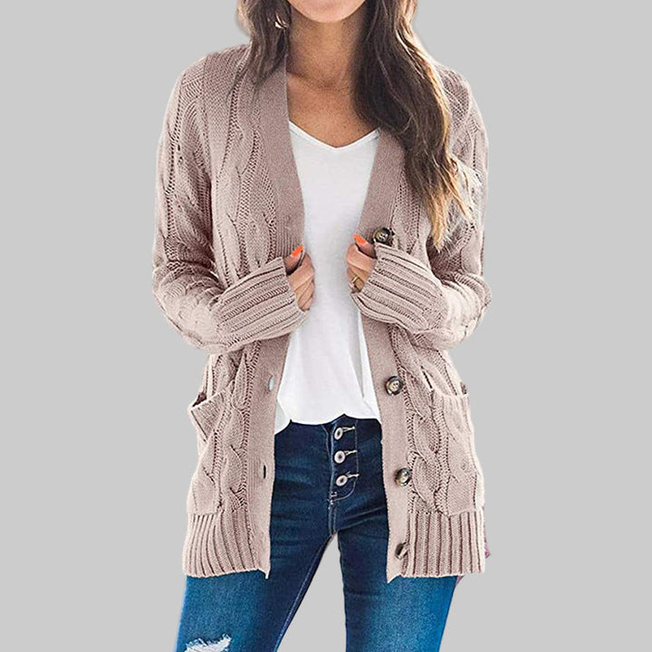 Taupe long-sleeve button cardigan with textured knit and ribbed cuffs, open front