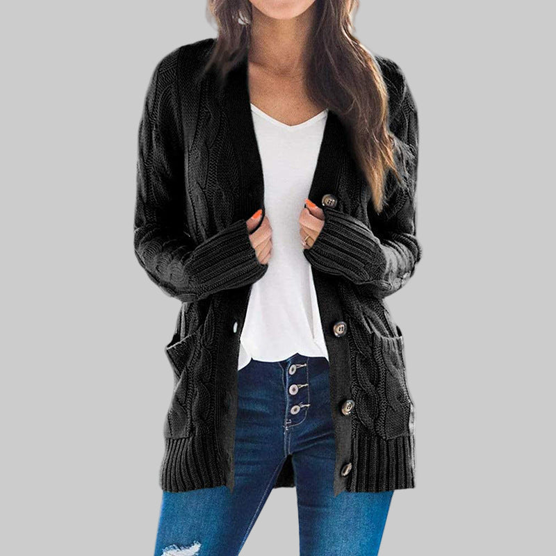 Black long-sleeve button cardigan with textured knit and ribbed cuffs, open front