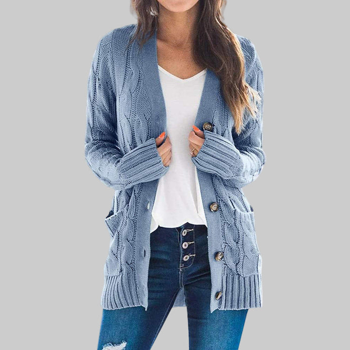 Blue long-sleeve button cardigan with textured knit and ribbed cuffs, open front