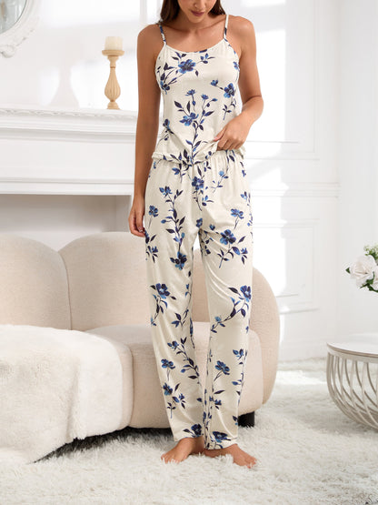 Women’s pajama set in cream with blue floral print, camisole top and wide-leg pants