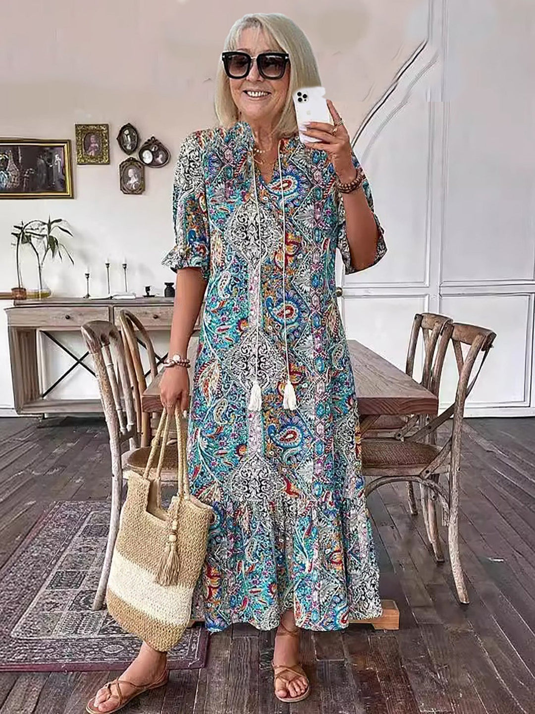 Boho grace dress, teal and blue paisley print, tassel neckline, short sleeves, tiered hem