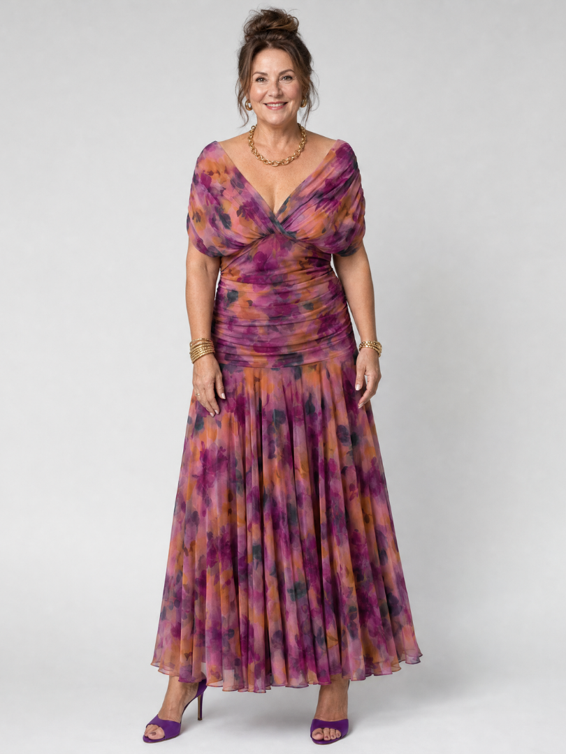 Off-shoulder flow midi dress in purple and pink tie-dye with twist-front bodice and full skirt
