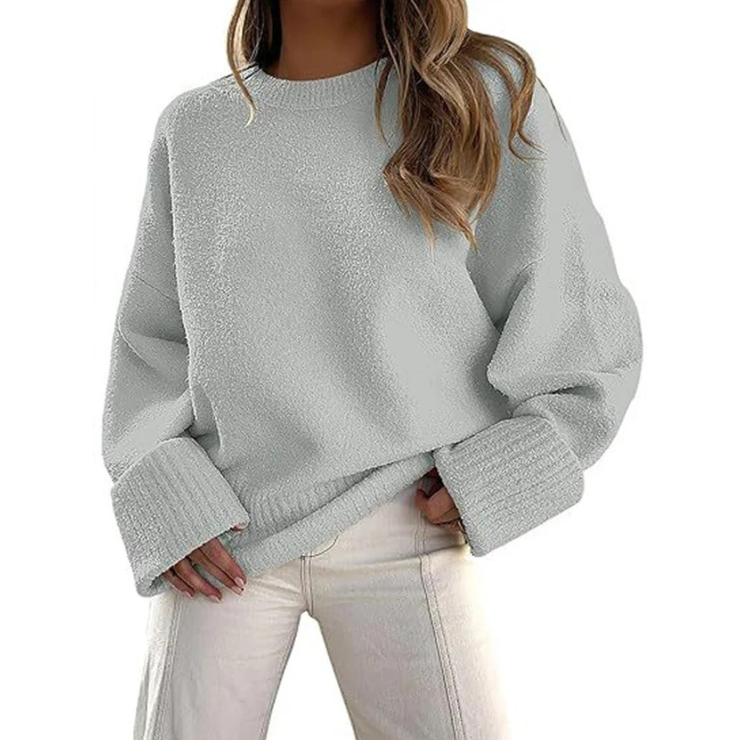 Light gray fuzzy knit pullover sweater with crew neck and ribbed cuffs, oversized fit
