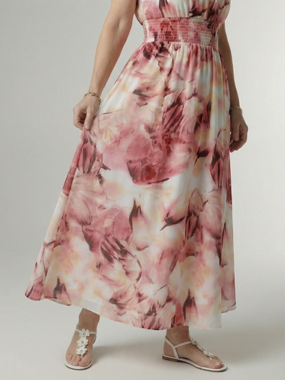Gathered halter midi dress in pink and cream abstract print with smocked waist detail