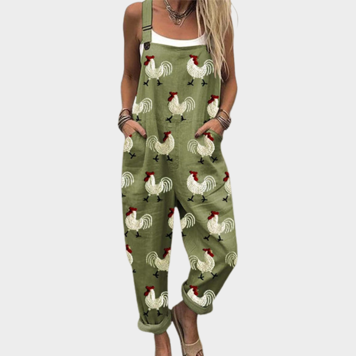 Green printed overalls with rooster pattern, sleeveless bib and wide legs