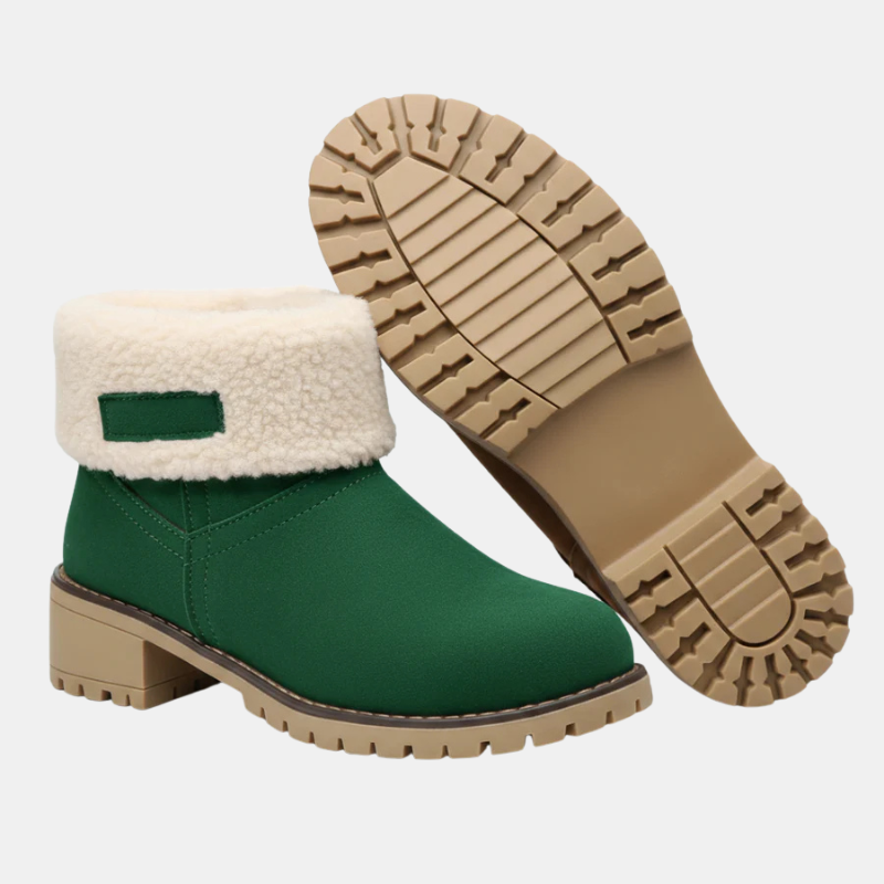 Block-heeled ankle boots in green with cream sherpa cuff and lug sole.