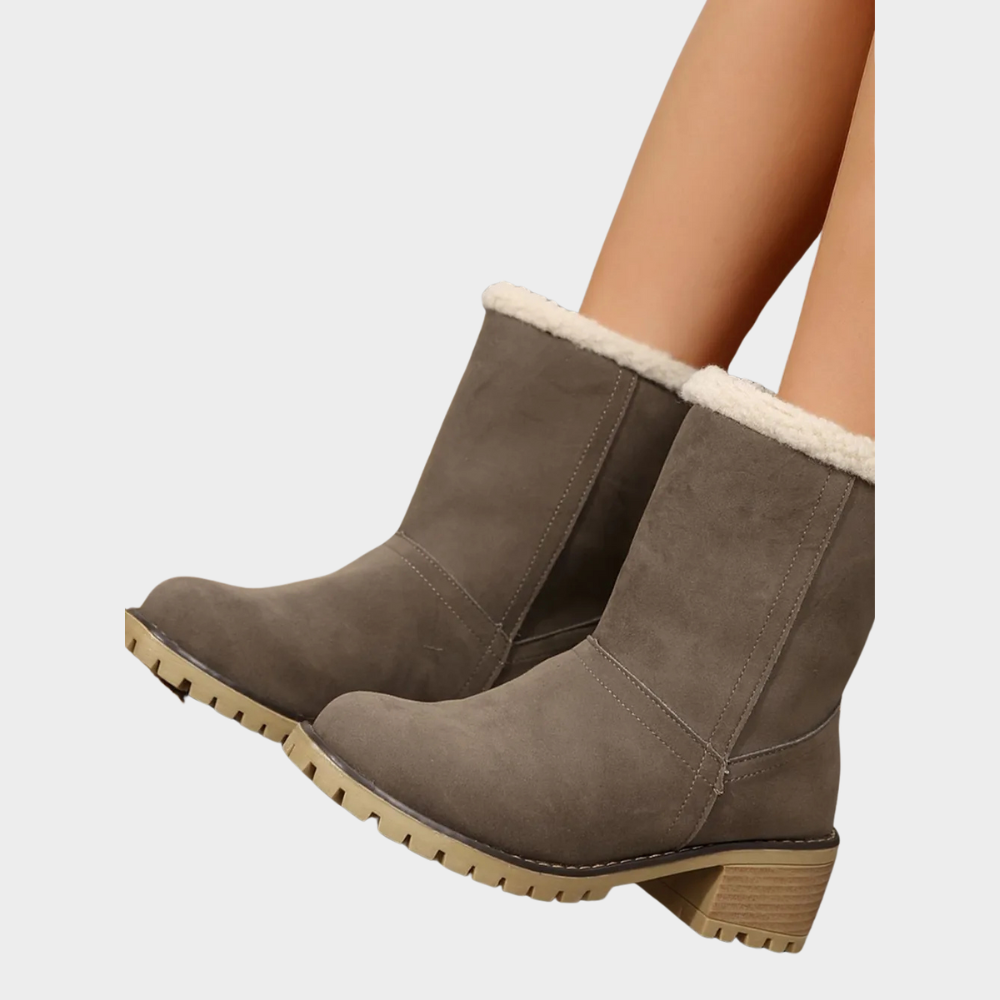 Taupe suede mid-heel winter boots with white sherpa cuff and side seam detail