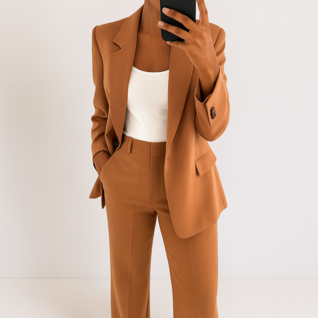 Brown two-piece suit set with tailored blazer and matching trousers, notched lapel and flap pockets.