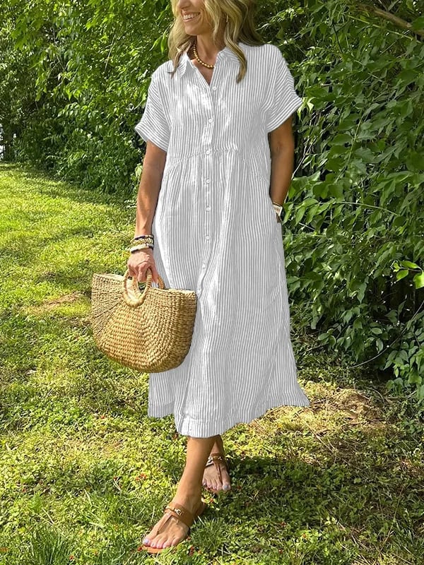 White striped button-up dress with short sleeves and gathered waist.