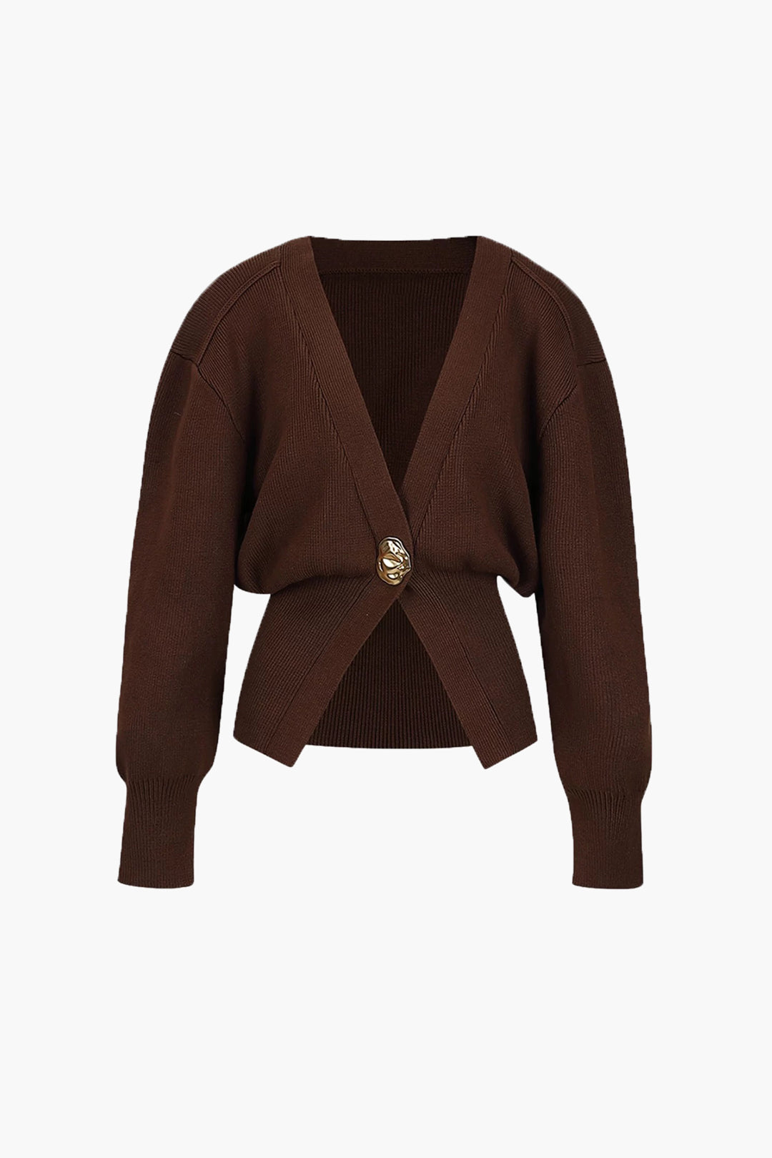 Brown modern cardigan front, V-neck wrap with gold button and ribbed cuffs