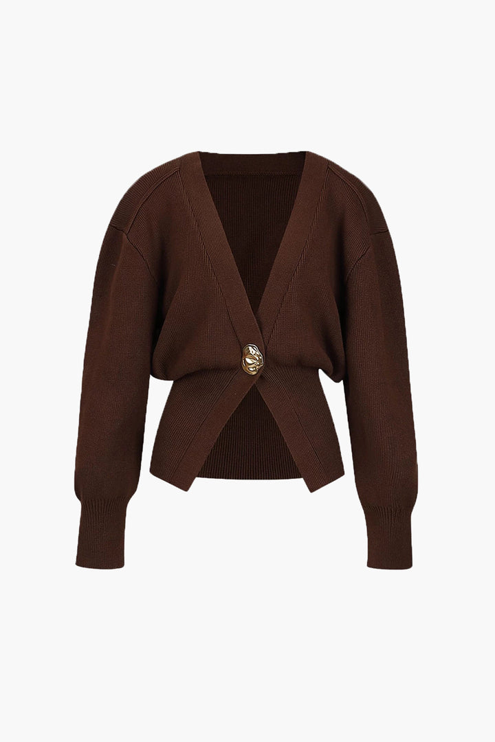Brown modern cardigan front, V-neck wrap with gold button and ribbed cuffs