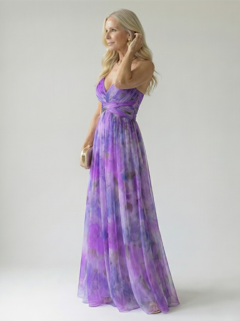 Maxi wrap dress, side view, sleeveless V-neck twist-front, purple-toned watercolor print