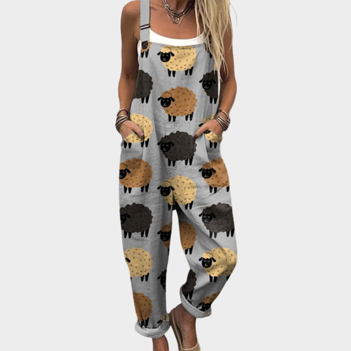 Gray printed overalls with sheep pattern, sleeveless straps