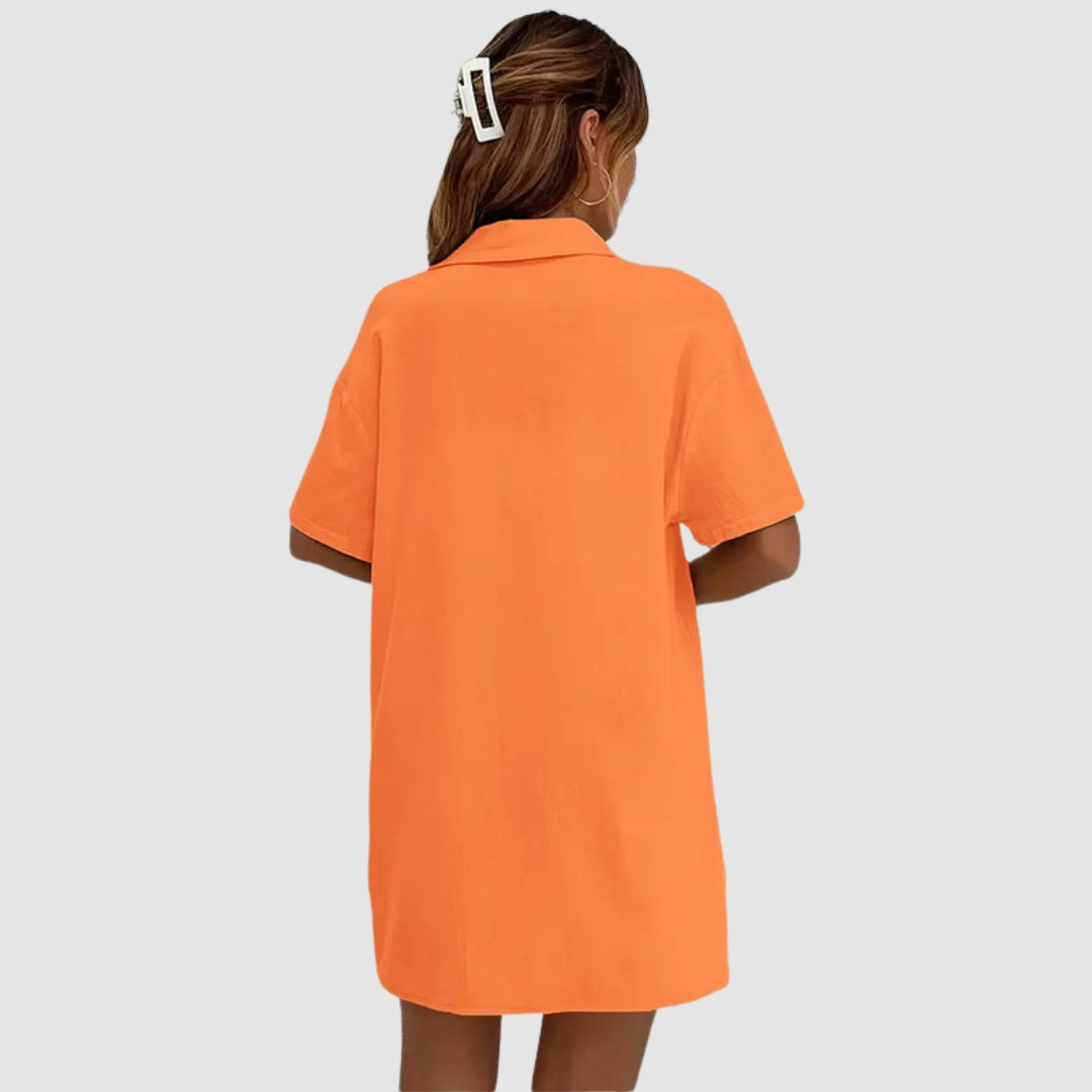 Back view orange short-sleeve button-up top and drawstring shorts set