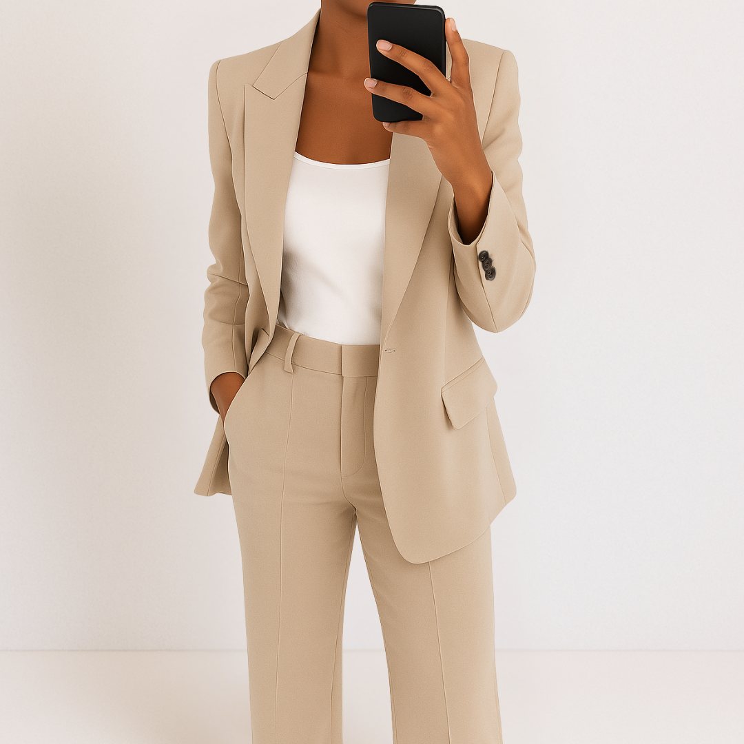 Beige two-piece suit set with tailored blazer and matching trousers, notched lapel and flap pockets.
