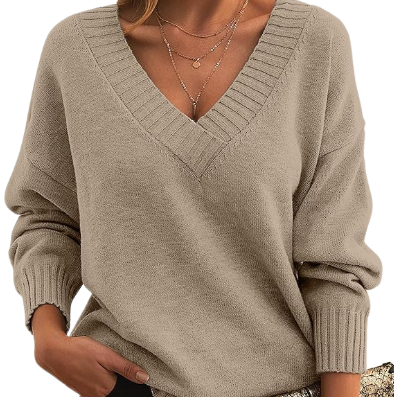 Lightweight V-neck sweater, cream knit with ribbed V-neck and cuffs