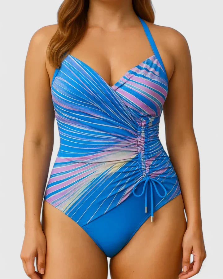 Blue and rainbow striped one-piece swimsuit with V-neck wrap front and side drawstring