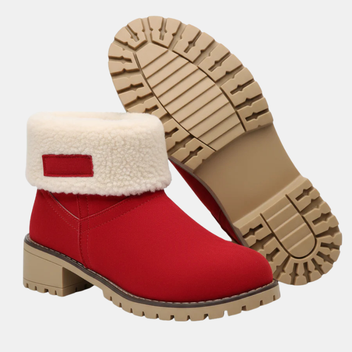 Block-heeled ankle boots in red with cream sherpa cuff and lug sole.
