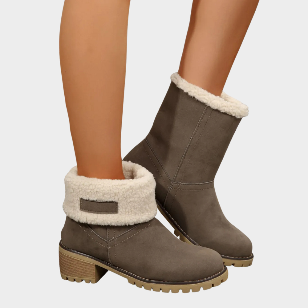 Dark gray-brown suede mid-heel winter boots with sherpa trim and block heel