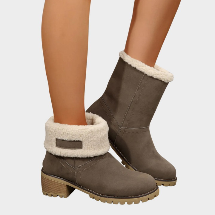 Dark gray-brown suede mid-heel winter boots with sherpa trim and block heel