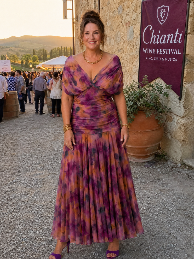 Off-shoulder flow midi dress in purple and pink tie-dye with twisted bodice and full skirt