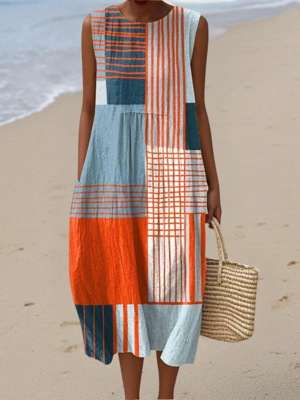 Multicolor geometric patchwork midi dress, sleeveless, round neckline, button-front panel