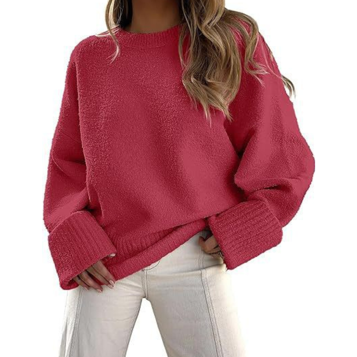 Oversized fuzzy knit pullover sweater in red, crewneck with ribbed cuffs and hem