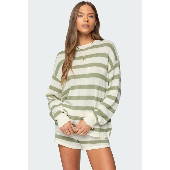Striped knit sweater and shorts set, green-and-cream striped crewneck sweater