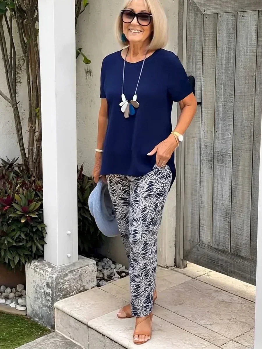 Leticia™ loose-fit top and printed flowy pants set, short sleeves, ankle length