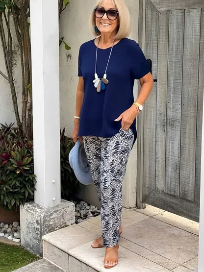 Leticia™ loose-fit top and printed flowy pants set, short sleeves, ankle length
