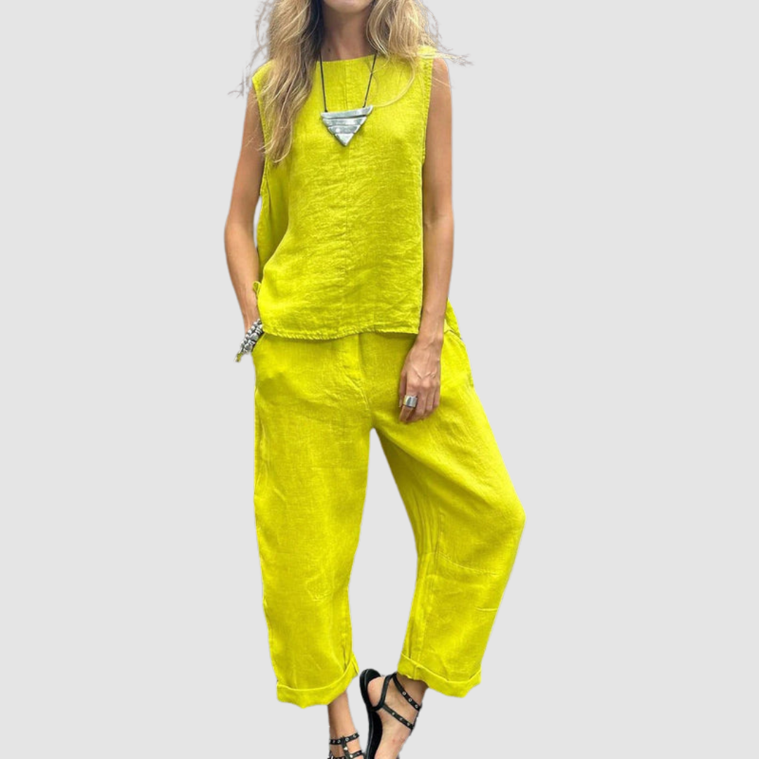 Lightweight two-piece summer set in yellow: sleeveless top and cropped drawstring pants.