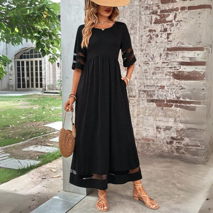 Black tummy coverage maxi dress with scoop neck, tiered waist, and striped 3/4 sleeves