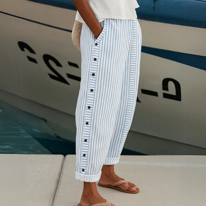 Blue and white striped casual pants with button front and cuffed hems