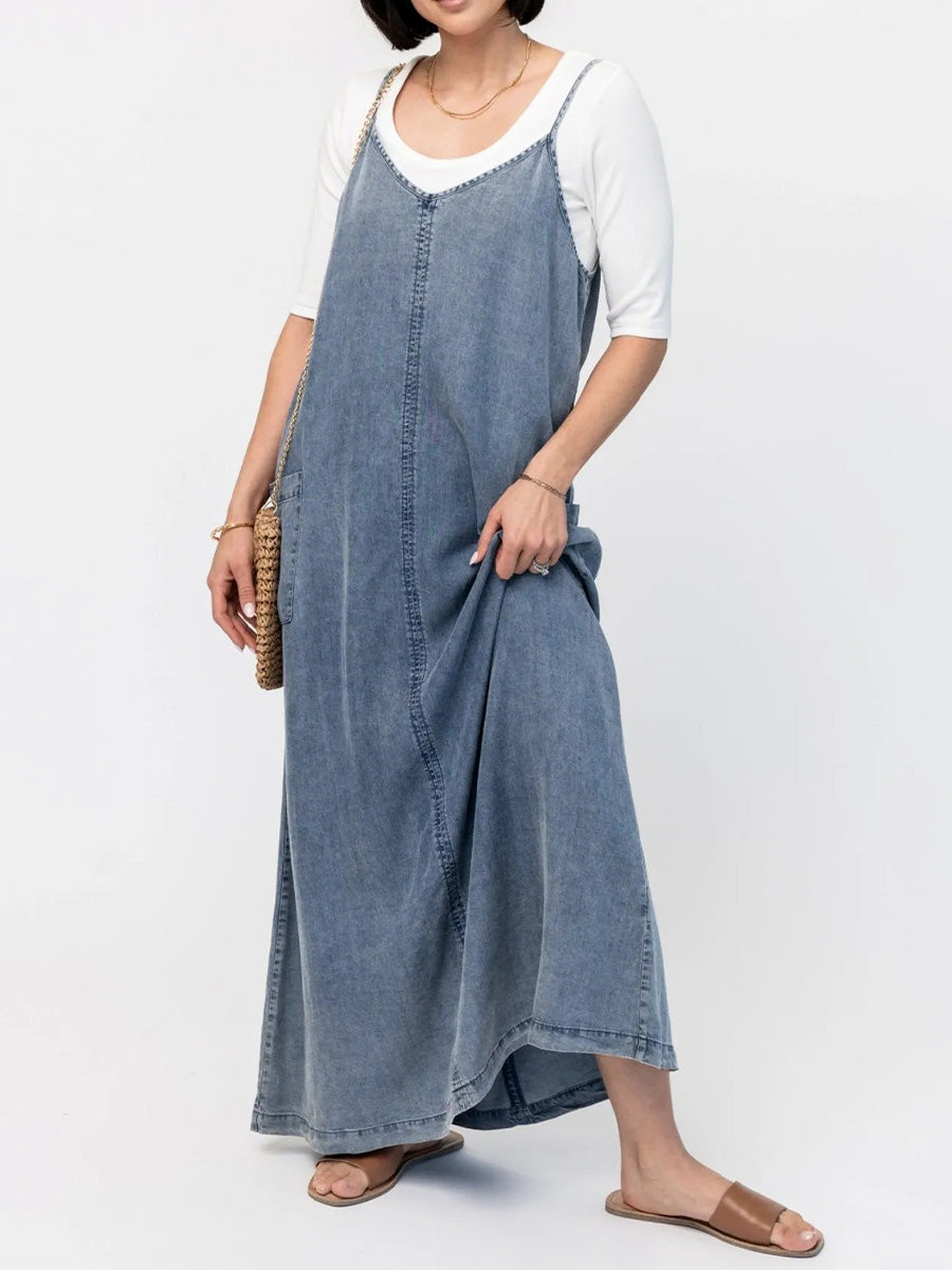 Blue denim-look loose maxi dress with V neckline and thin spaghetti straps