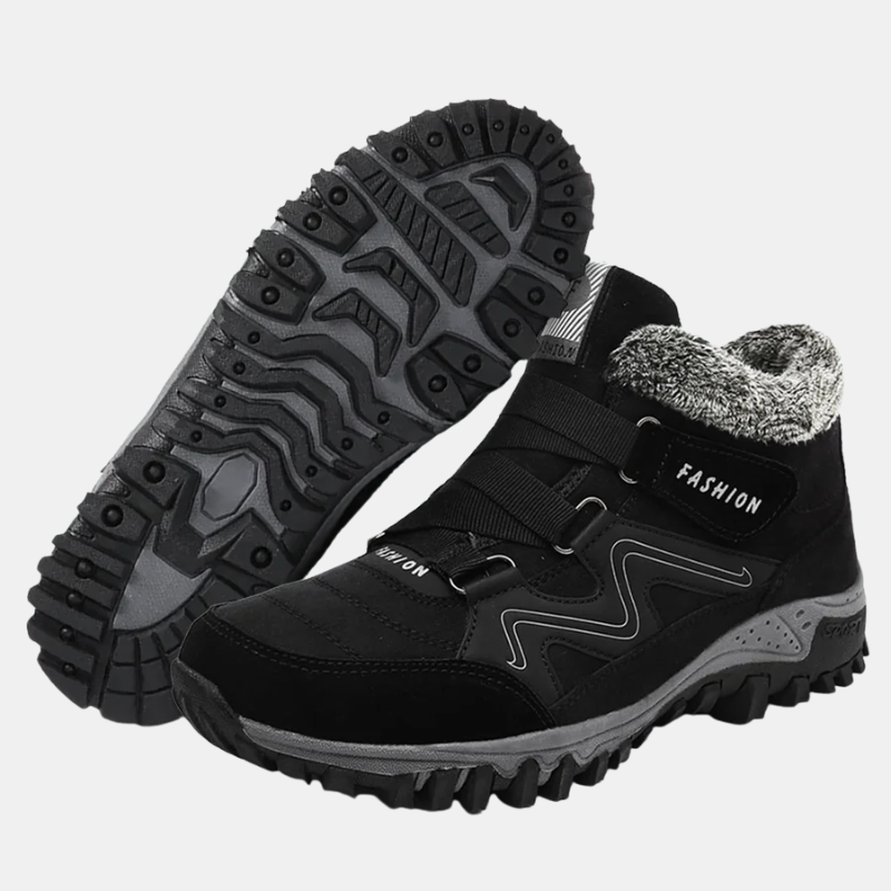 Black orthopedic shoes with hook-and-loop straps and padded fuzzy collar