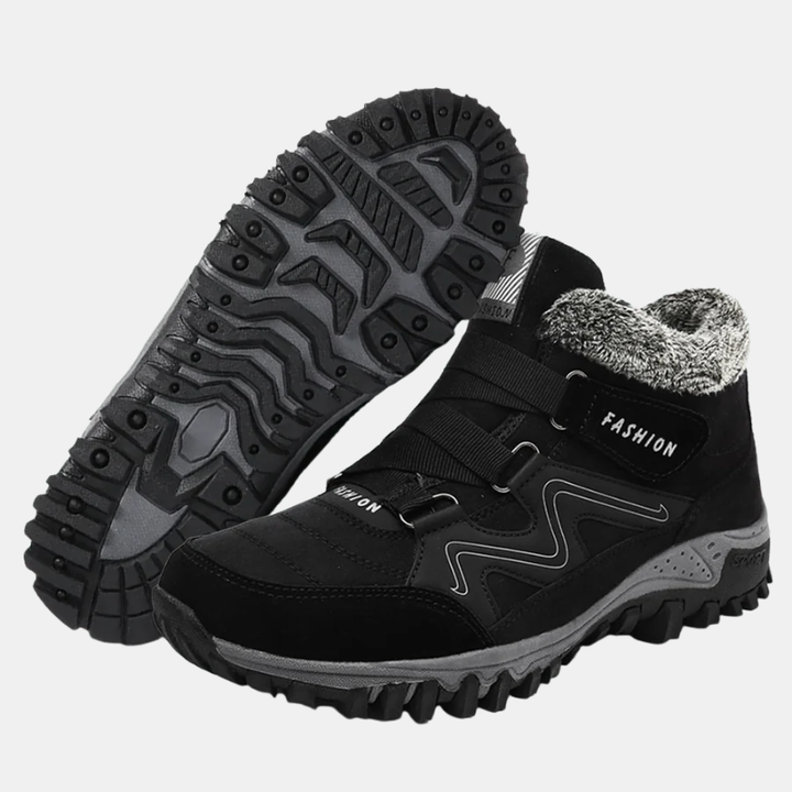 Black orthopedic shoes with hook-and-loop straps and padded fuzzy collar
