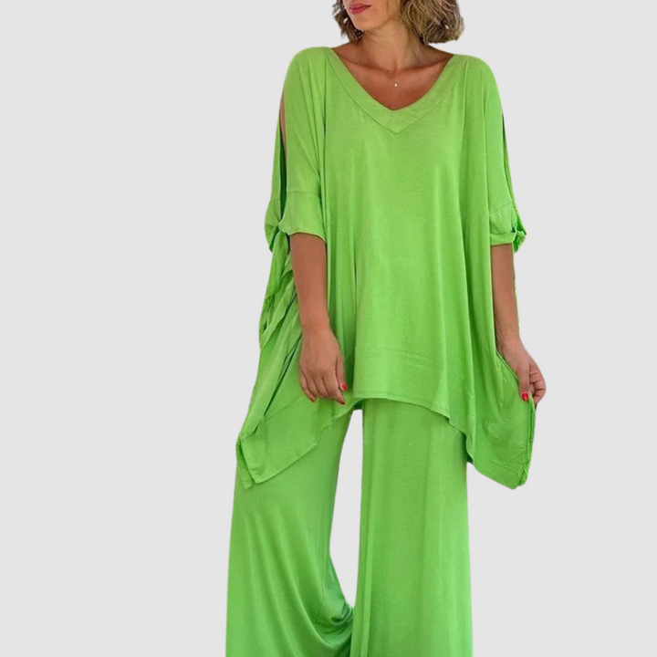 Zinnia™ relaxed style set in green: V-neck tunic with side drape and wide-leg pants