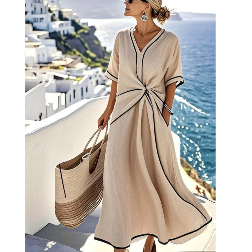 Beige summer maxi dress with V-neck and black trim, short sleeves, knotted front twist