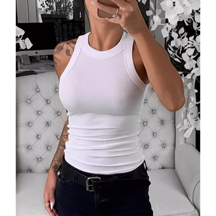 Everyday casual sleeveless pullover in white, round neckline, fitted stretch knit