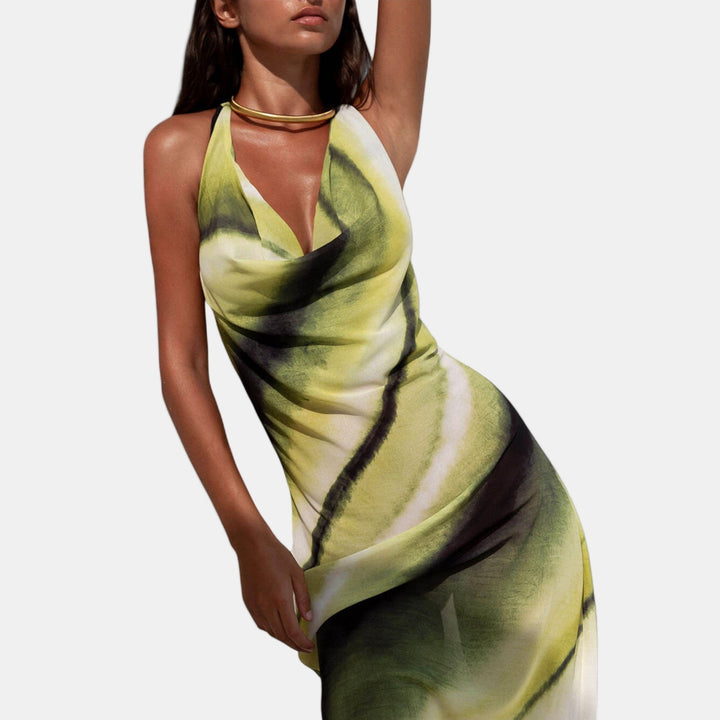 Watercolor maxi dress with V-front halter neckline and draped cutout chest
